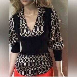 bebe - Elegant Black and White Geometric Blouse